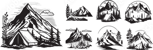 mountain camping, bonfire, solo scout trip, tent in nature, black vector graphic laser cutting engraving photo