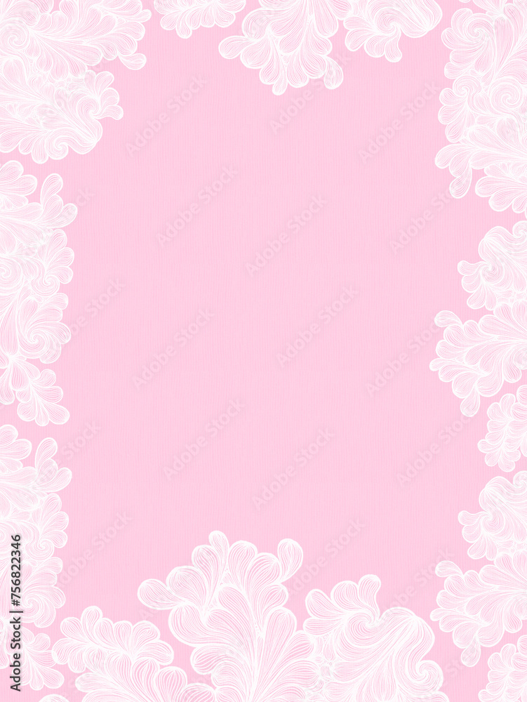 Pink watercolour paper with decorative floral border. Feminine poster with space for text, greetings, slogan or sentence.  best for wedding, valentine's, birthday or baby shower girl design.