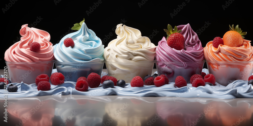 Colorful icecreams with raspberries and blueberries on a black background Colorful icecreams with raspberries and blueberries on a black background