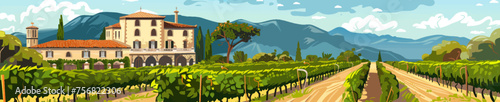 Panoramic serene Tuscan vineyard landscape with a traditional villa cypress trees, and distant hills. Colorful generative ai vector illustration. Scratch board imitation. Black and white image photo