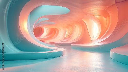 A modern room with abstract waves in light peach and turquoise, soft lighting and graceful lines. 