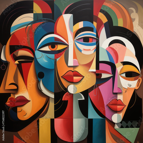 Cubist artwork showcasing a medley of facial features in geometric harmony and rich hues