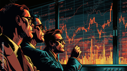 Three focused traders evaluate fluctuating stock market trends on digital charts in a high-stakes environment. generative ai vector illustration
