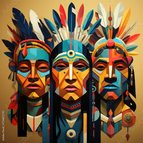 Vivid image of three Indians in headdresses