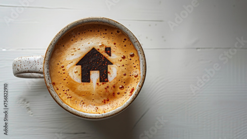 Warm Cup of Coffee with House Foam, Home Sweet Home: