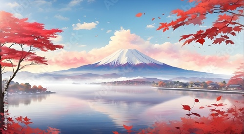 abstracted, hazy background of nature One of the greatest spots is Lake Kawaguchiko during the colorful fall season, with Mount Fuji featuring morning mist and scarlet leaves.