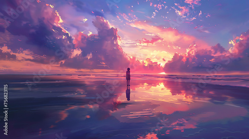 The image portrays a serene scene: A solitary figure stands on a beach, their silhouette sharply defined against the backdrop of a colorful sky.