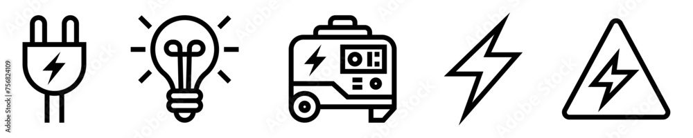 Conjunto de iconos de electricidad. Enchufe, bombilla encendida, generador de energía, rayo, alerta eléctrica. Ilustración vectorial Conjunto de iconos de electricidad. Enchufe, bombilla encendida, generador de energía, rayo, alerta eléctrica. Ilustración vectorial