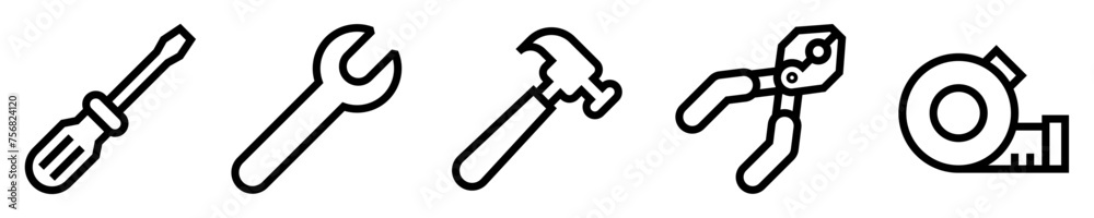 Conjunto de iconos de instrumentos para reparación. Mantenimiento y mecánica. Destornillador, llave inglesa, martillo, cinta métrica, alicate. Ilustración vectorial Conjunto de iconos de instrumentos para reparación. Mantenimiento y mecánica. Destornillador, llave inglesa, martillo, cinta métrica, alicate. Ilustración vectorial