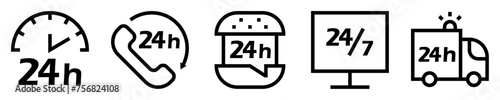 Conjunto de iconos de servicio 24 horas. Call center, asistencia en línea. Reloj, llamada, comida rápida, monitor se servicio, transporte de emergencia. Ilustración vectorial