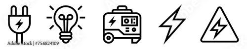 Conjunto de iconos de electricidad. Enchufe, bombilla encendida, generador de energía, rayo, alerta eléctrica. Ilustración vectorial 