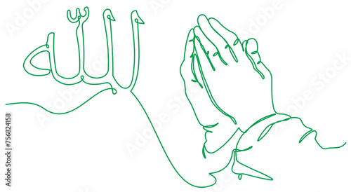 Continuous line drawing of palm hand of an islamic praying for ramadan and ied mubarak. Vector illustration.