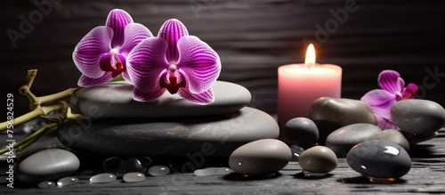 An event featured a magenta candle alongside beautiful orchids and rocks, creating a serene atmosphere with the combination of flower and wax