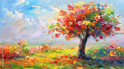 Painting of a tree with colorful flowers in the autumn season. Oil color painting.