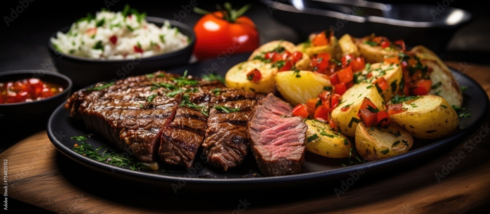 A delicious plate of steak and potatoes served on a rustic wooden table. This dish features tender beef cooked to perfection, a classic red meat ingredient in many cuisines A delicious plate of steak and potatoes served on a rustic wooden table. This dish features tender beef cooked to perfection, a classic red meat ingredient in many cuisines