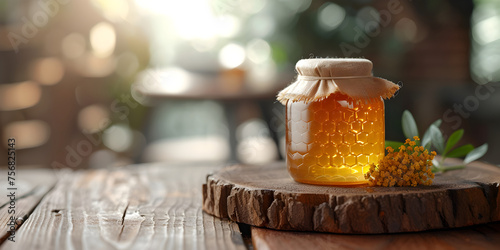 Honey jar with meadow flowers on wooden table with copy space. Beekeeping, natural treatment for cough, strengthening the immune system and preventing colds concept.