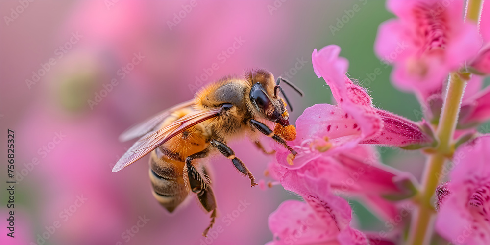 Honey bee covered with yellow pollen collecting nectar from meadow flowers. Close-up banner, spring and summer background. Beekeeping, wildlife and ecology concept. Honey bee covered with yellow pollen collecting nectar from meadow flowers. Close-up banner, spring and summer background. Beekeeping, wildlife and ecology concept.