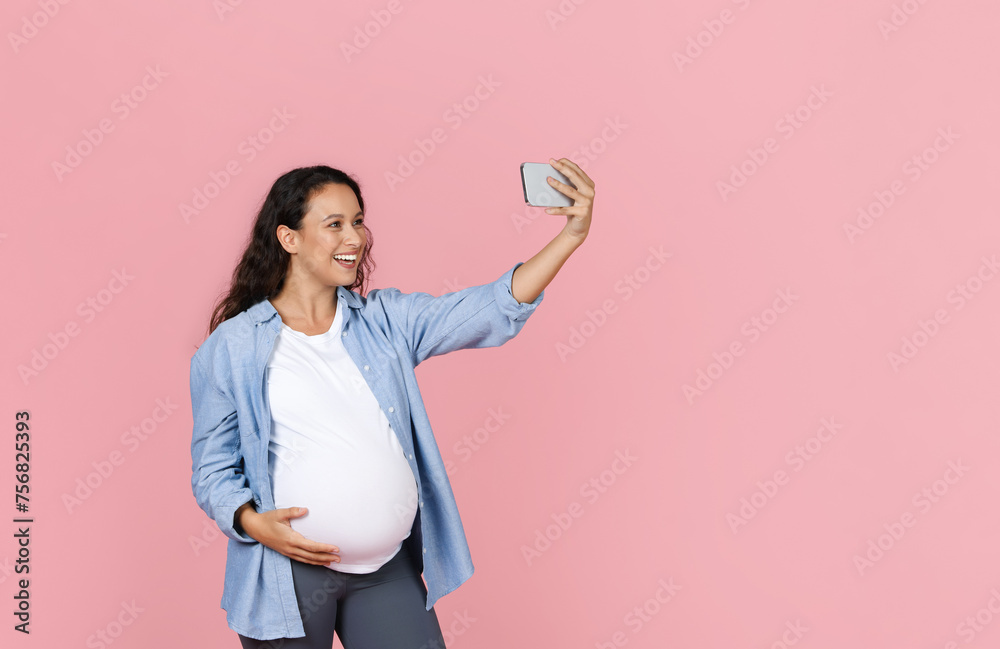 Positive pregnant woman have video call with friends Positive pregnant woman have video call with friends