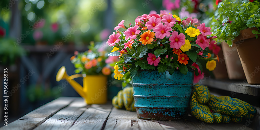 Colorful garden flowers pots with yellow rubber gloves and watering can on wooden table. Gardening background mockup concept with copy space.