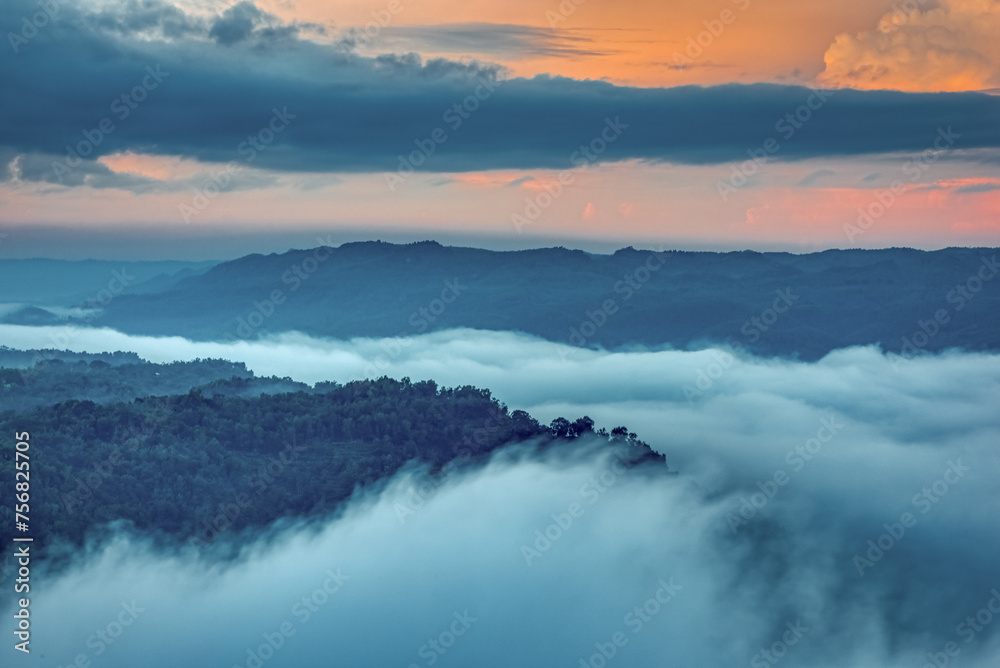 Beautiful misty morning landscape view photographed from high altitude