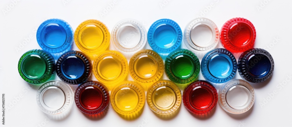 An array of various colored plastic bottle caps scattered on a white surface, including Amber, Magenta, Electric blue, forming circles. A mixture of liquid and fluid solutions in transparent material An array of various colored plastic bottle caps scattered on a white surface, including Amber, Magenta, Electric blue, forming circles. A mixture of liquid and fluid solutions in transparent material