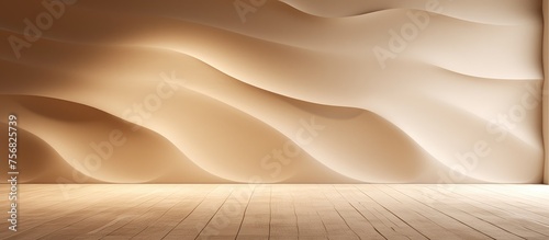An empty room with a wooden floor resembling a peach landscape, with a wavy wall evoking an aeolian landform. Liquid shadows create a pattern as if singing sands were present photo