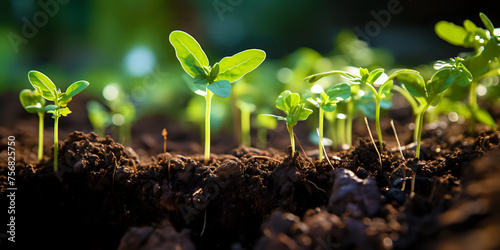 New Beginnings with Sprouting Seedlings. Fresh seedlings sprouting in fertile soil bathed in sunlight, symbolizing growth, new beginnings, and eco-friendly concepts.