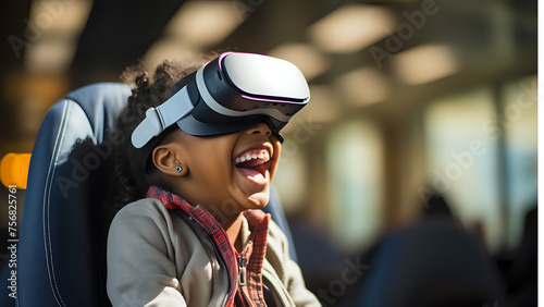 Child's Delight in Virtual Reality. A joyful child experiencing the thrill of virtual reality, a perfect representation of modern entertainment and technology in use. © Yuliia