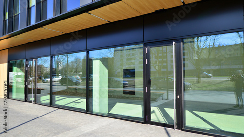 Panoramic windows of new commercial premises. Commercial property in development standard for rent.