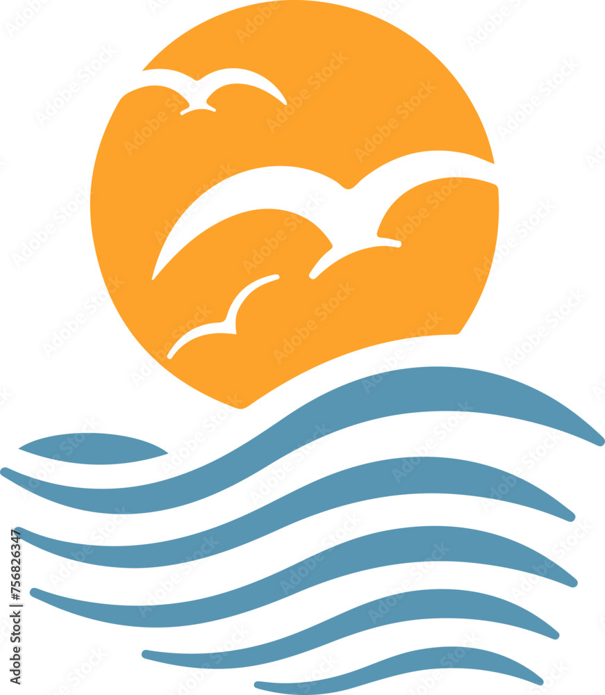 Sunrise Over Waves Symbol for Travel, Summer, and Beach-Themed Designs Sunrise Over Waves Symbol for Travel, Summer, and Beach-Themed Designs