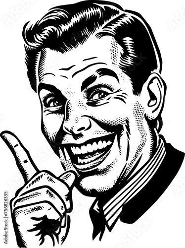 Retro Man Pointing Finger Illustration in Vintage Comic Book Style for Advertisements
