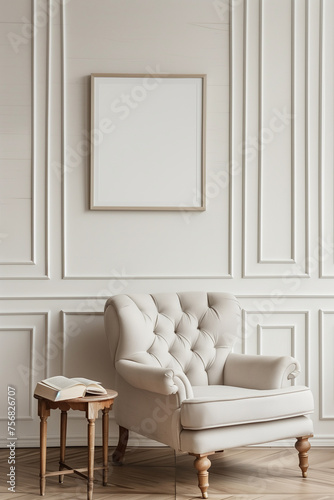 Classic armchair near paneling wall with empty poster frame with copy space. Home interior design of mid century living room