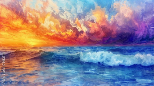 Colorful sky and ocean wave abstract background. Oil painting style. © ryanbagoez