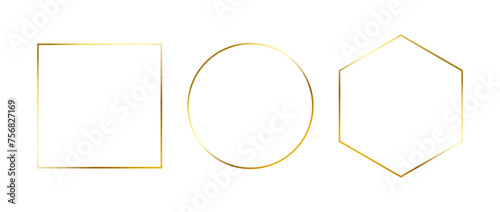 Set of golden thin frames. Gold geometric borders in art deco style. Thin linear square, circle and hexagon collection. Yellow glowing shiny boarder element pack. Vector bundle for photo, cadre, decor photo