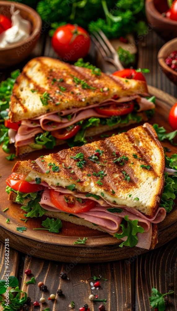 Savory triangle sandwich filled with ham, cheese, tomato, and a side of fresh salad.