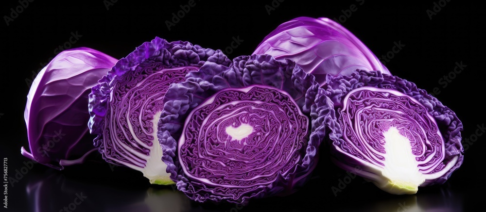 Obraz premium A beautiful array of purple cabbage slices arranged in a symmetric pattern on a dark backdrop, showcasing the vibrant hues of violet and magenta in natural foods