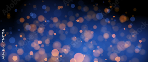 Blurred gold bokeh on blue background. Golden blurred effect wallpaper. Abstract shiny glitter, sparks and sparkles. Glowing backdrop for Christmas, New Year or birthday card, poster, banner. Vector