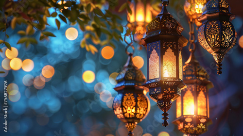 Ornate Arabic lanterns on serene Ramadan Kareem background, Arabian lamp, candlelight flame burning Ramadan Kareem iftar, Eid Mubarak, glowing against a bokeh light, evoking Ramadan, Eid celebrations