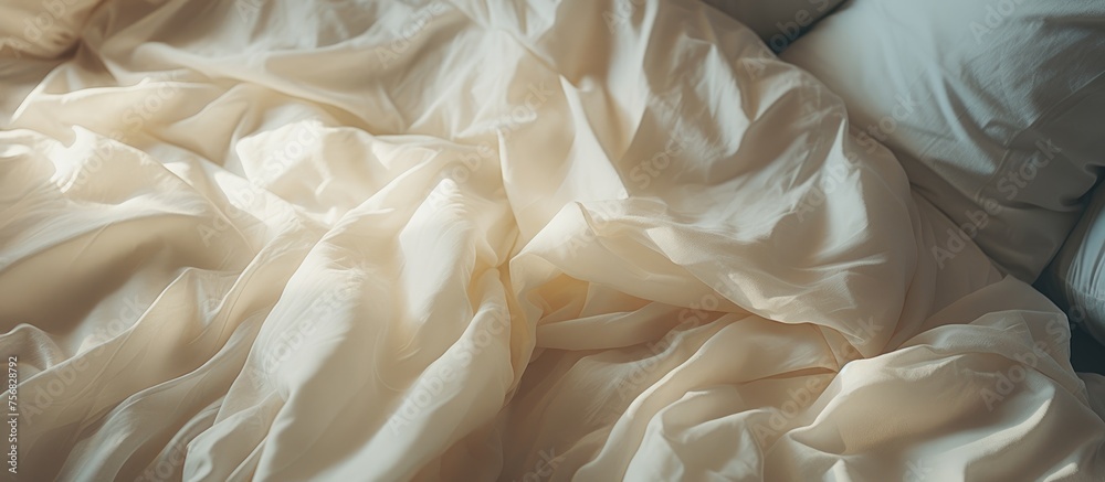 A close up of a cozy bed with crisp white sheets and fluffy pillows, resembling the comfort of a warm dessert after a delicious meal