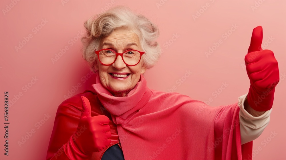 Grandma is a superhero, happy grandmother thumb up wearing superhero's red cloak isolated on red background with copy space. Grandma is a superhero, happy grandmother thumb up wearing superhero's red cloak isolated on red background with copy space.