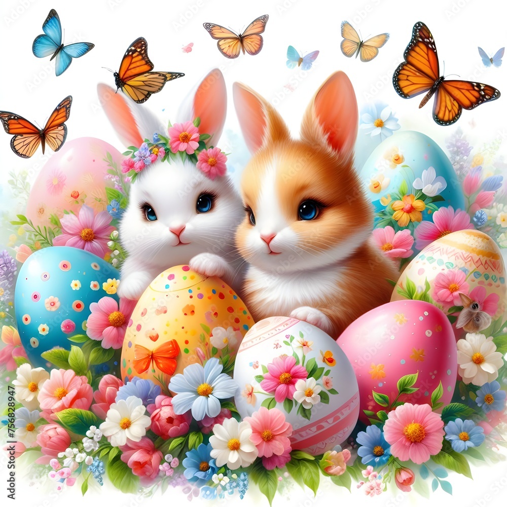  Brightly colored Easter eggs laid out among flowers, butterflies flying around, cute and funny bunnies sitting nearby. Easter holiday, painted Easter eggs are among the flowers, lovely butterflies fl