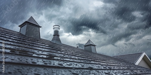 rain storm downpour on black roof tile of residential house