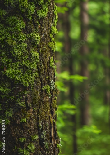  Lush green mossy forest with old tree log background for product display montages. Blurred green forest background in beautiful sunshine, vertical landscape.