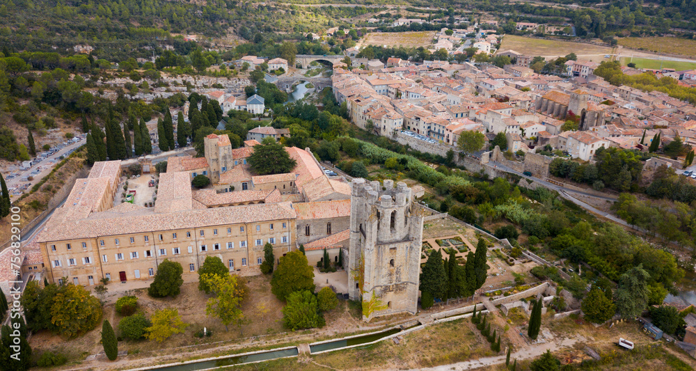 Aerial view of Romanesque Benedictine Abbey Sainte-Marie d'Orbieu in commune of Lagrasse in southern France