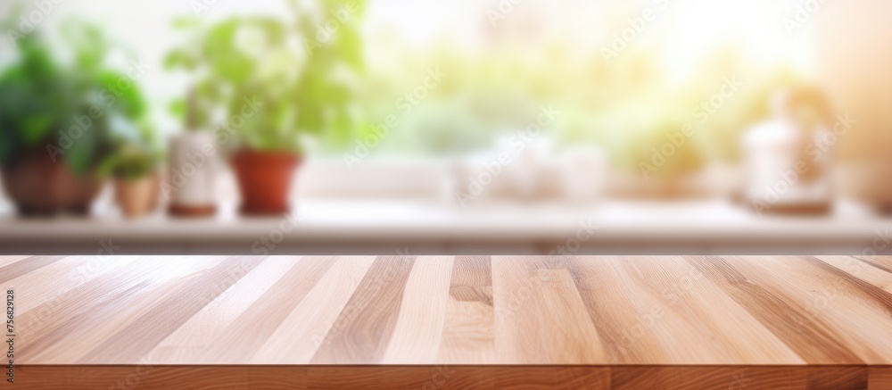 A wooden table sits in front of a window, with potted plants in the background. The houseplants add a touch of greenery to the room A wooden table sits in front of a window, with potted plants in the background. The houseplants add a touch of greenery to the room