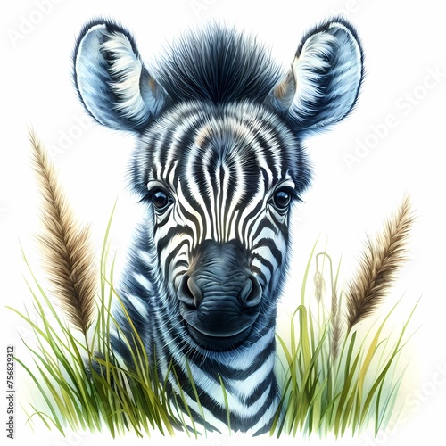 watercolor illustration of cute baby zebra in tall grass for baby nursery kids room decor photo