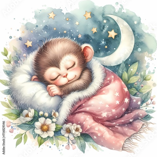 watercolor illustration of cute baby monkey sleeping in a garden for baby nursery kids room decor