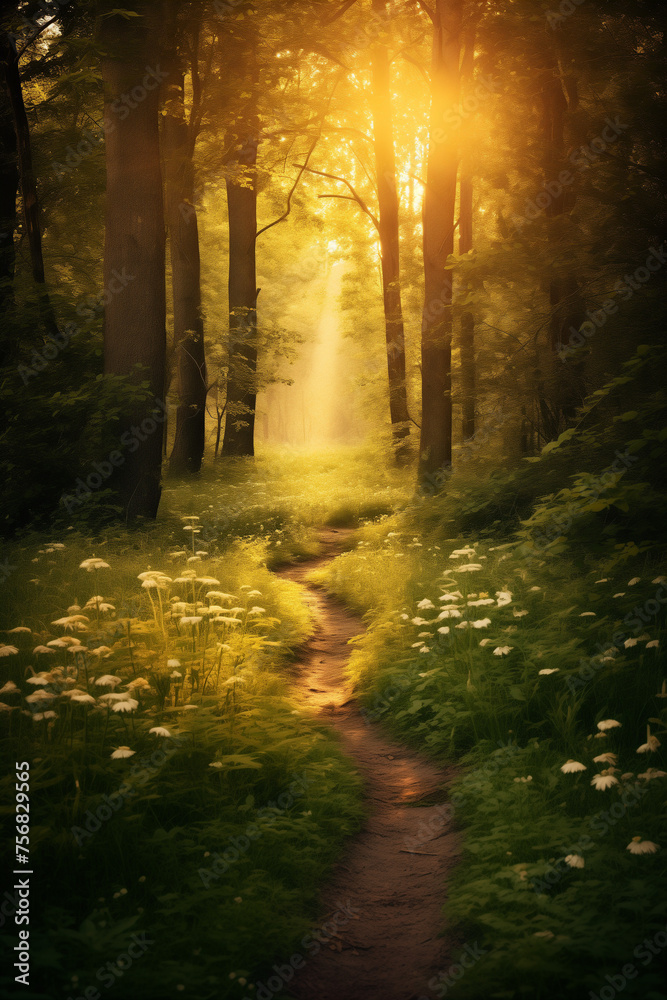 Fototapeta premium Sunlit forest path with white flowers