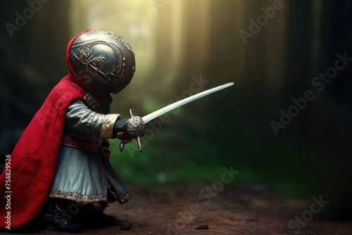Little knight with a closed visor in armor with a cloak in the forest