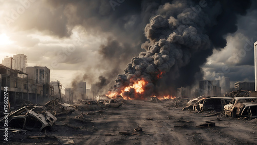 Apocalyptic destruction scene. World collapse  doomsday scene  digital painting.